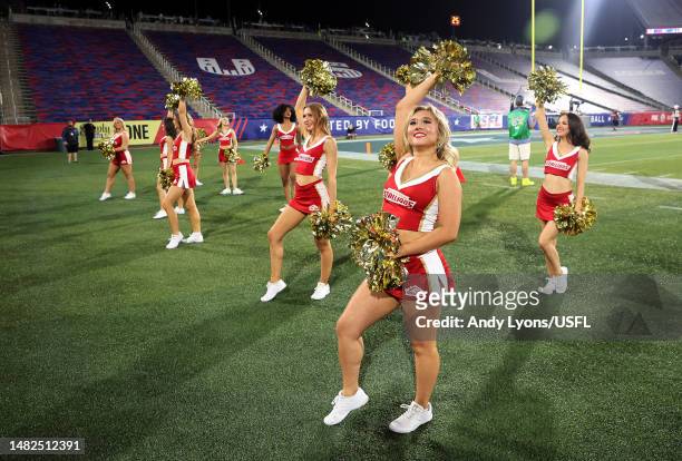 Birmingham Stallion cheerleaders perform during the game between the New Jersey Generals and the Birmingham Stallions at Protective Stadium on April...