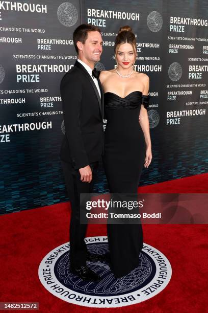 Evan Spiegel and Miranda Kerr arrive at the Ninth Breakthrough Prize Ceremony at Academy Museum of Motion Pictures on April 15, 2023 in Los Angeles,...
