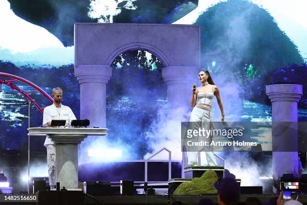 Tucker Halpern and Sophie Hawley-Weld of SOFI TUKKER perform at the Outdoor Theatre during the 2023 Coachella Valley Music and Arts Festival on April...