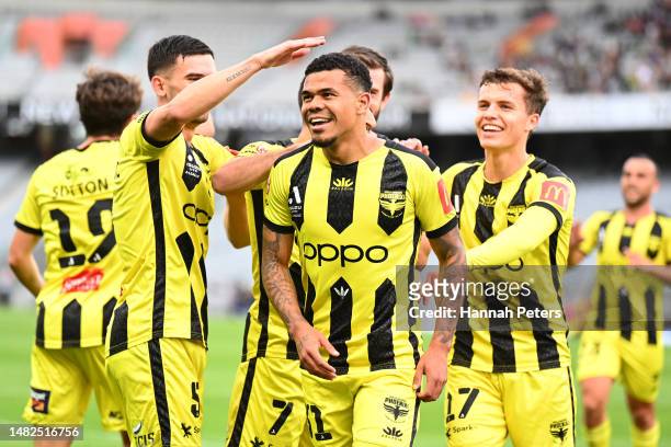 Yan Sasse of the Phoenix celebrates after scoring a goal during the round 24 A-League Men's match between Wellington Phoenix and Brisbane Roar at...
