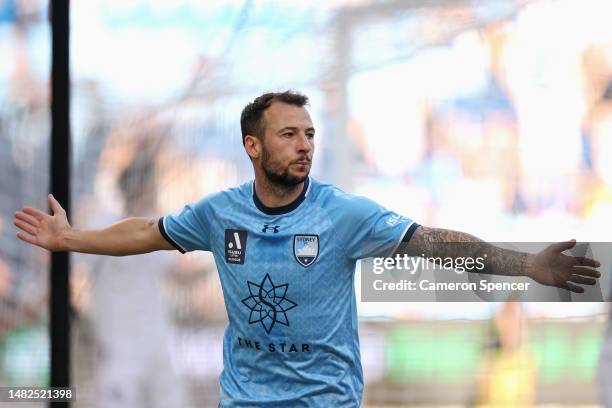 Adam Le Fondre of Sydney FC celebrates kicking a goal during the round 24 A-League Men's match between Sydney FC and Perth Glory at Allianz Stadium,...