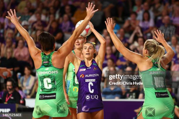 Macy Gardner of the Firebirds passes during the round five Super Netball match between Queensland Firebirds and West Coast Fever at Nissan Arena, on...