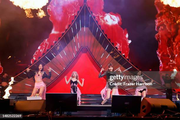 Jennie, Rosé, Lisa, and Jisoo of BLACKPINK perform at the Coachella Stage during the 2023 Coachella Valley Music and Arts Festival on April 15, 2023...