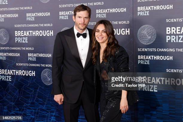 Ashton Kutcher and Mila Kunis attend the 9th annual Breakthrough Prize ceremony at Academy Museum of Motion Pictures on April 15, 2023 in Los...