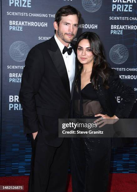 Ashton Kutcher and Mila Kunis arrives at the 9th Annual Breakthrough Prize Ceremony at Academy Museum of Motion Pictures on April 15, 2023 in Los...