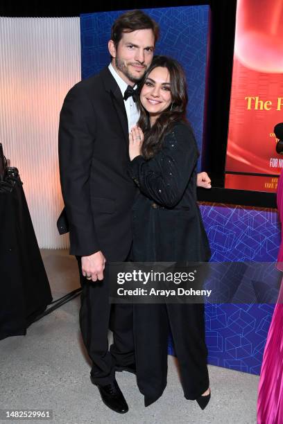 Ashton Kutcher and Mila Kunis attend the Ninth Breakthrough Prize Ceremony at Academy Museum of Motion Pictures on April 15, 2023 in Los Angeles,...
