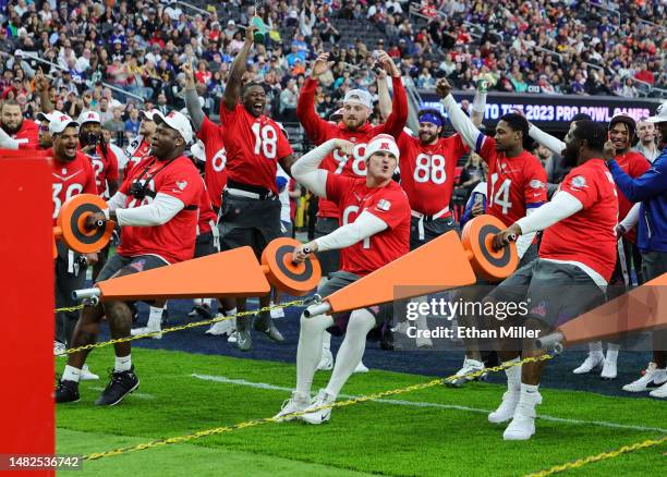 Players, including Trey Hendrickson of the Cincinnati Bengals, compete in the Move The Chains event during the 2023 NFL Pro Bowl Games at Allegiant...