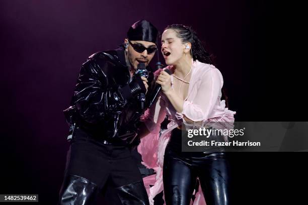 Rauw Alejandro performs with Rosalía at the Coachella Stage during the 2023 Coachella Valley Music and Arts Festival on April 15, 2023 in Indio,...