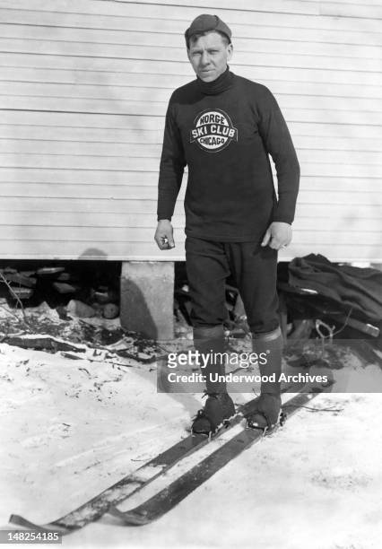 Karl Nilsen, Chicago Norge Ski Club member, who set a new 152 foot ski jump record at Cary last year, Cary, Illinois, 1922.