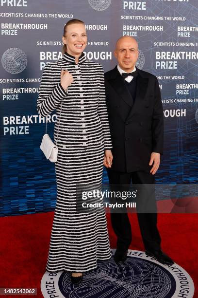 Julia and Yuri Milner attend the 9th annual Breakthrough Prize ceremony at Academy Museum of Motion Pictures on April 15, 2023 in Los Angeles,...