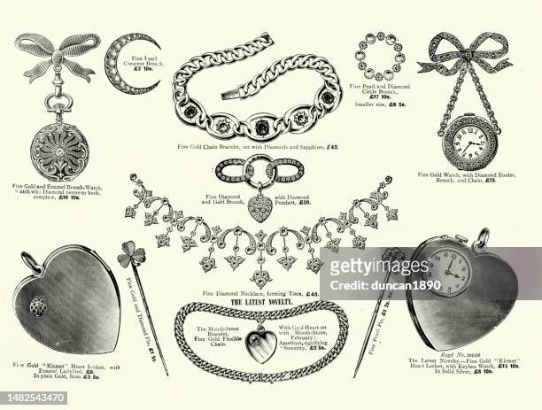 examples of victorian jewellery, brooch watch, locket, bracelet, diamond necklace, kismet heart locket, 1890s, 19th century - heart bracelet stock illustrations