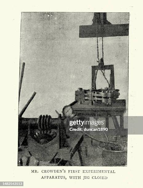 first experimental apparatus for hydraulic pressure, invented by charles thomas crowden victorian british engineer and inventor, 1890s, 19th century - hydraulics stock illustrations