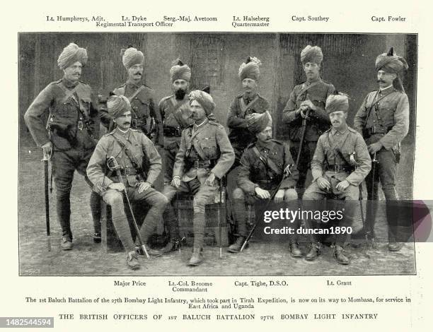 ilustraciones, imágenes clip art, dibujos animados e iconos de stock de oficiales del 1er batallón baluch, 27º de infantería ligera de bombay, ejército indio británico, década de 1890, siglo 19 - imperio británico