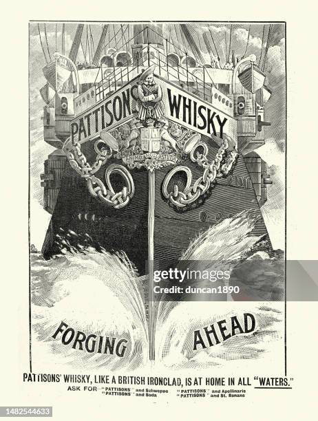 ilustraciones, imágenes clip art, dibujos animados e iconos de stock de antiguo anuncio victoriano de whisky pattisons un whisky escocés mezclado, década de 1890, siglo 19 - whisky