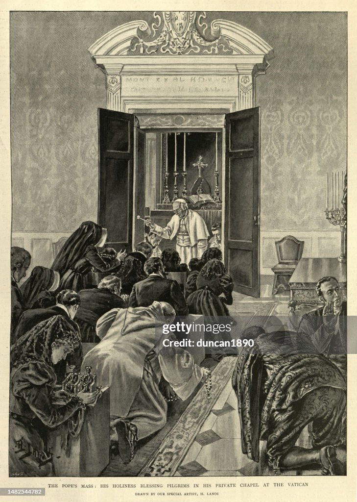 The Pope's Mass, Pope Leo XIII blessing pilgrims in his private chapel at the Vatican, 1890s, 19th Century