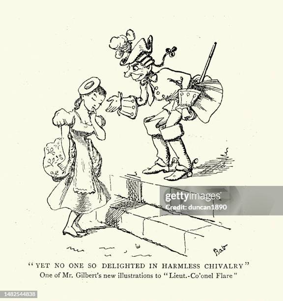 victorian cartoon of a man flirting with a young woman, yet no one so delighted in harmless chivalry, 1890s, 19th century - no stock illustrations