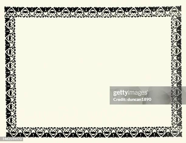 vintage illustration of late victorian black filigree border frame, ornamental design element, delicate tracery - filigree pattern stock illustrations