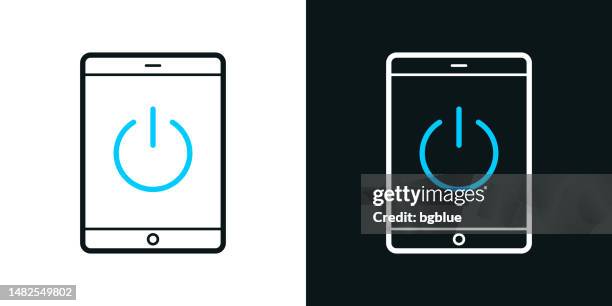 tablet pc with power button. bicolor line icon on black or white background - editable stroke - switch off computer stock illustrations