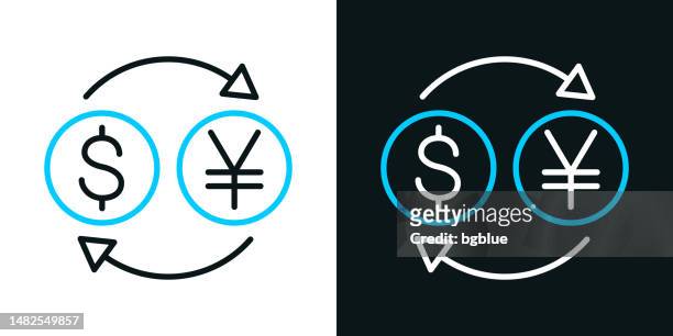 währungsumtausch - dollar yen. zweifarbiges liniensymbol auf schwarzem oder weißem hintergrund - bearbeitbarer strich - yen sign stock-grafiken, -clipart, -cartoons und -symbole
