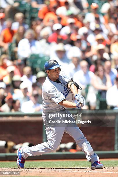 Juan Rivera of the Los Angeles Dodgers bats during the game against the San Francisco Giants at AT&T Park on June 27, 2012 in San Francisco,...