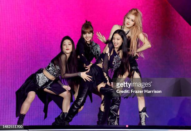 Jisoo, Lisa, Jennie, and Rosé of BLACKPINK perform at the Coachella Stage during the 2023 Coachella Valley Music and Arts Festival on April 15, 2023...