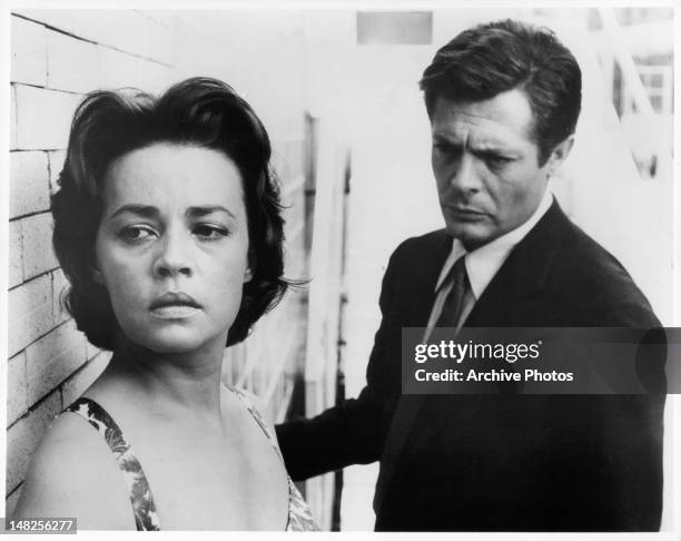 Jeanne Moreau turned away while Marcello Mastroianni looks toward her with concern in a scene from the film 'La Notte', 1961.