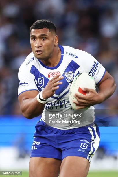 Tevita Pangai Junior of the Bulldogs runs with the ball during the round seven NRL match between Parramatta Eels and Canterbury Bulldogs at CommBank...