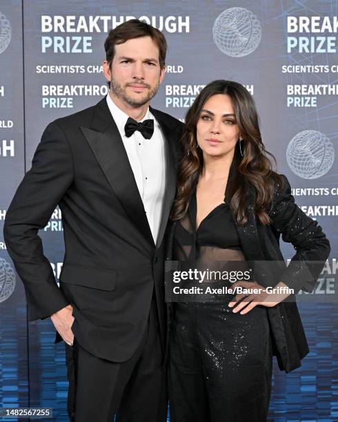 Ashton Kutcher and Mila Kunis attend the 9th Annual Breakthrough Prize Ceremony at Academy Museum of Motion Pictures on April 15, 2023 in Los...