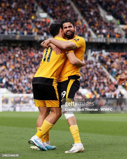 Hee-chan Hwang celebrates after scoring his team's second goal with Diego Costa of Wolverhampton Wanderers during the Premier League match between...