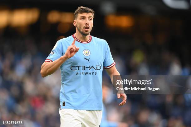 Ruben Dias of Manchester City looks on during the Premier League match between Manchester City and Leicester City at Etihad Stadium on April 15, 2023...