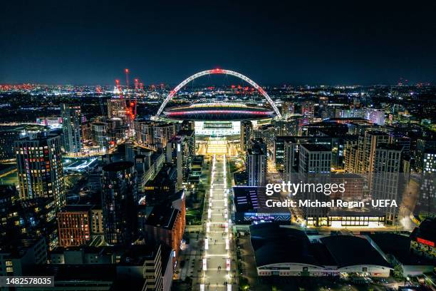 An aerial view of Wembley Stadium after the Women´s Finalissima 2023 match between England and Brazil on April 06, 2023 in London, England.