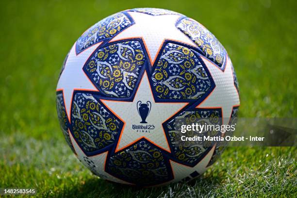 Ball of Uefa Champions League during the FC Internazionale training session at the club's training ground Suning Training Center on April 16, 2023 in...