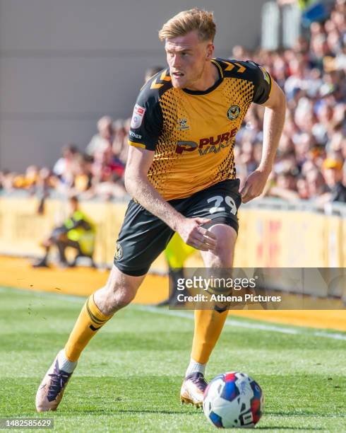 Will Evans of Newport County attacks during the Sky Bet League Two match between Newport County and Hartlepool United at Rodney Parade on April 15,...