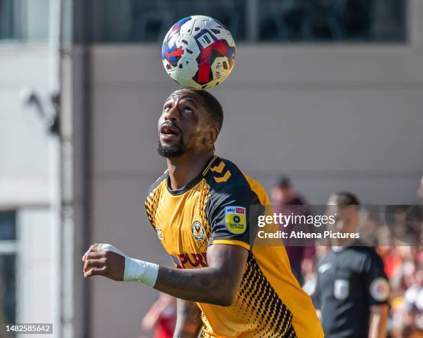 Omar Bogle of Newport County heads the ball during the Sky Bet League Two match between Newport County and Hartlepool United at Rodney Parade on...