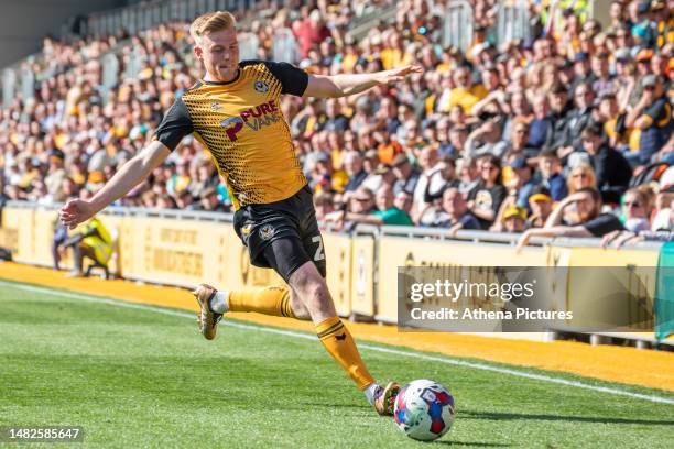 Will Evans of Newport County attacks during the Sky Bet League Two match between Newport County and Hartlepool United at Rodney Parade on April 15,...