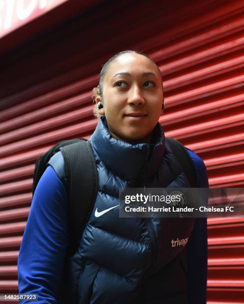 Lauren James of Chelsea arrives at the stadium prior to he Vitality Women's FA Cup Semi Final match between Aston Villa and Chelsea at Poundland...