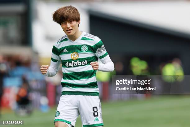 Kyogo Furuhashi of Celtic celebrates scoring the opening goal during the Cinch Scottish Premiership match between Kilmarnock FC and Celtic FC at on...