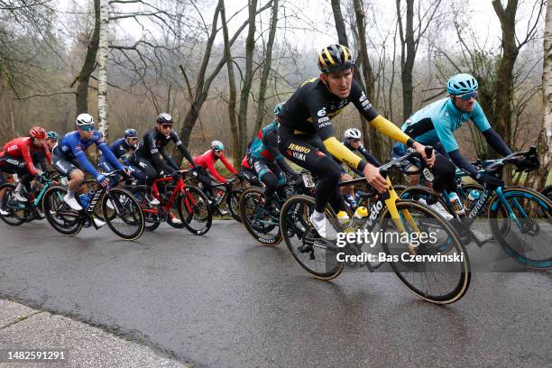 Tiesj Benoot of Belgium and Team Jumbo-Visma and Gianni Moscon of Italy and Astana Qazaqstan Team compete during the 57th Amstel Gold Race 2023,...