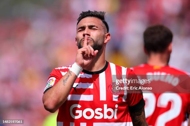 Valentin Castellanos of Girona FC celebrates after scoring the team's first goal during the LaLiga Santander match between Girona FC and Elche CF at...