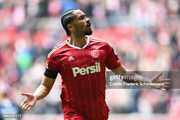 Emmanuel Iyoha of Fortuna Duesseldorf celebrates after scoring the team's first goal during the Second Bundesliga match between Fortuna Düsseldorf...