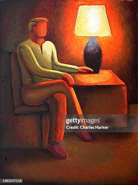 painting of man sitting by lamplight in low lighting - oil painting people stock pictures, royalty-free photos & images