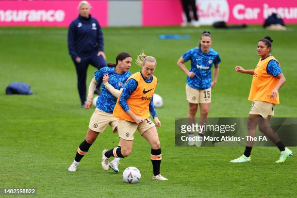 Magdalena Eriksson of Chelsea warms up with teammates prior to the Vitality Women's FA Cup Semi Final match between Aston Villa and Chelsea FC at...