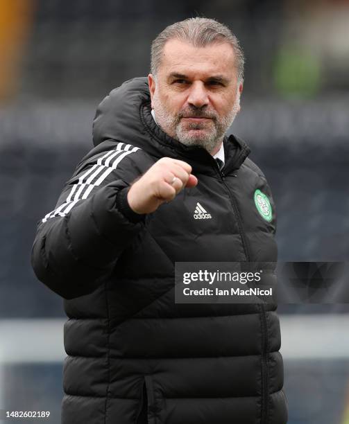 Celtic manager Ange Postecoglou is seen at full time during the Cinch Scottish Premiership match between Kilmarnock FC and Celtic FC at on April 15,...