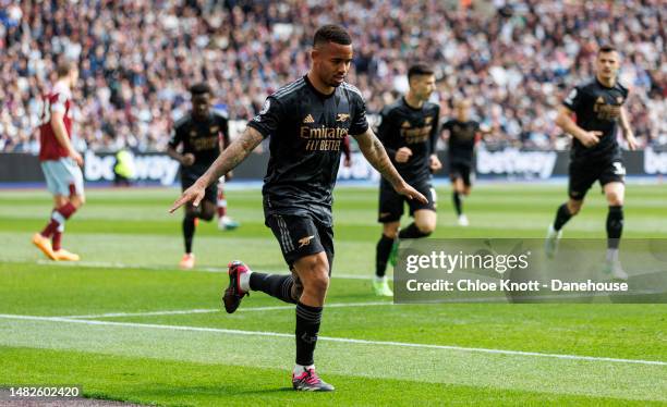 Gabriel Jesus of Arsenal celebrates scoring their teams first goal during the Premier League match between West Ham United and Arsenal FC at London...