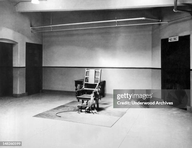 View of the death chamber and electric chair in Sing Sing Prisonin which convicted atom spies Julius and Ethel Rosenberg are slated to be...