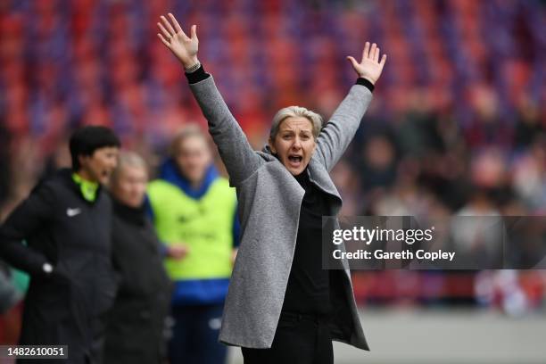 Carla Ward, Manager of Aston Villa, reacts during the Vitality Women's FA Cup Semi Final match between Aston Villa and Chelsea FC at Poundland Bescot...