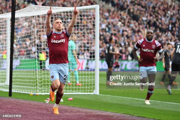 Jarrod Bowen of West Ham United celebrates after scoring the team's second goal during the Premier League match between West Ham United and Arsenal...