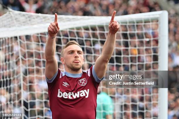 Jarrod Bowen of West Ham United celebrates after scoring the team's second goal during the Premier League match between West Ham United and Arsenal...