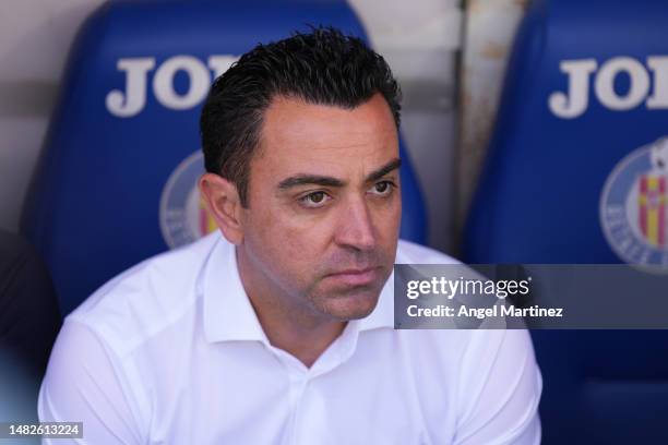 Xavi, Head Coach of FC Barcelona, looks on prior to the LaLiga Santander match between Getafe CF and FC Barcelona at Coliseum Alfonso Perez on April...