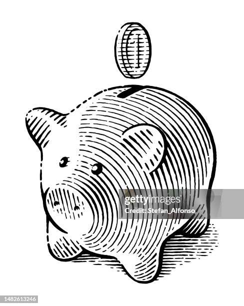 vector drawing of a piggy bank and a coin over it - piggy bank stock illustrations